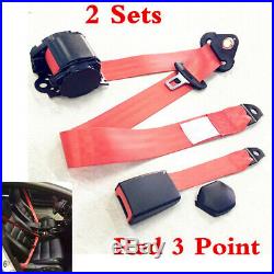 2X 3-Point Retractable Automatic Red Car Front Seat Safety Seat Belt Buckle Kit