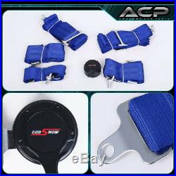 2X Black Cloth Racing Bucket Seat Red Stitching 2X 5Pt Blue Seatbelt Harness Set