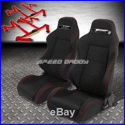 2x Type-r Black Canvas Reclinable Racing Seat+4-point Red Harness Buckle Belt