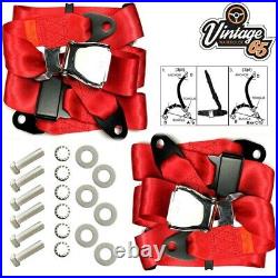 Classic Car Red 3 Point Chrome Buckle Lap Seat Belt Adjustable Front Rear Pair