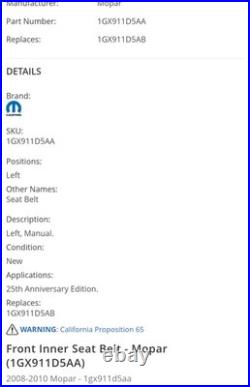 Genuine Mopar Seat Belt Buckle 1GX911T1AA 2008-10 Chrysler T+C, Dodge Caravan Genuine Mopar Seat Belt Buckle 1GX911T1AA 2008-10 Chrysler T+C, Dodge Caravan