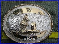 Montana Silversmiths BELT BUCKLE BARREL RACING RODEO 1995 1st place silver plat