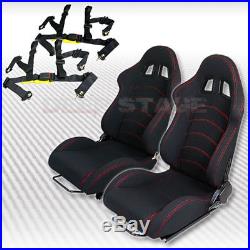 Pair Black Fabric Reclinable Type-f1 Racing Seat+slider+black 4-pt Buckle Belt