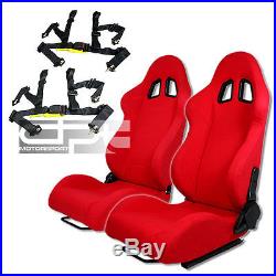 X2 Jdm Red Cloth Reclinable Bucket Racing Seat+sliders+4 Point Buckle Black Belt